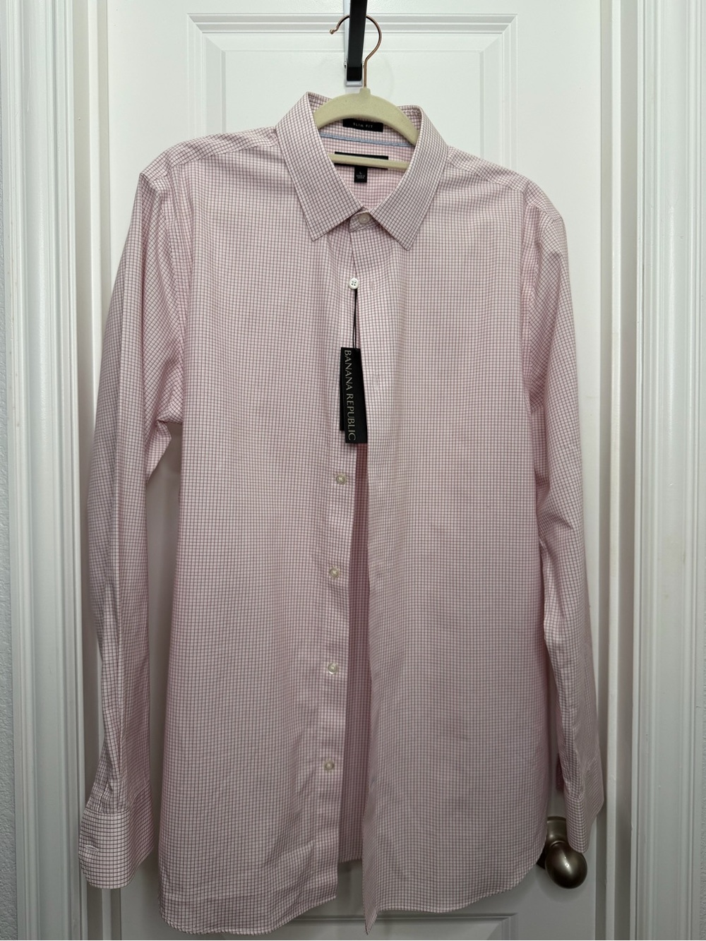 Banana Republic Slim Fit Non-Iron Dress Shirt Red/pink Windowpane Size Large NWT